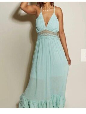 NWT RUE 21 Mint Green Open-Back Maxi Dress Lace Crochet Small Oversized